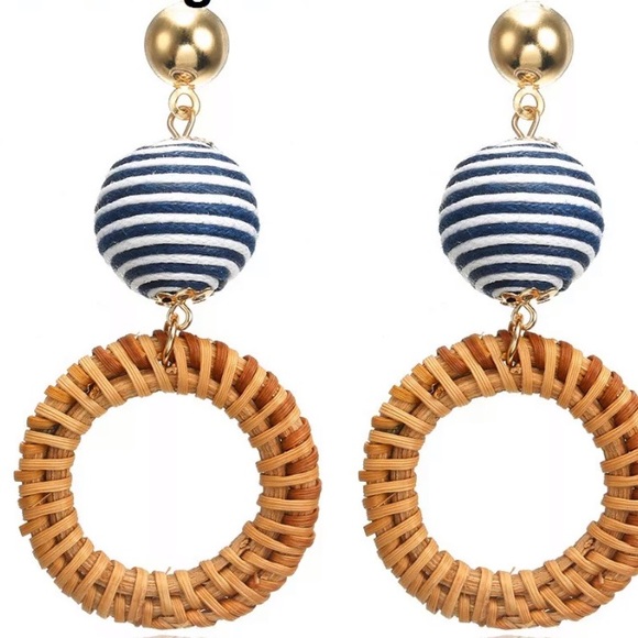 Host Pick! Straw hoop & navy striped ball earrings - Picture 3 of 4